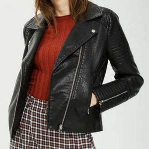 TOPSHOP Women's Size 8 Black Jacket Moto Zip Faux Leather Rosa Biker Style